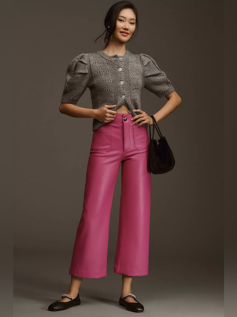 Anthropologie Colette Cropped Wide-Leg Faux Leather Pants by Maeve Pink Size 31